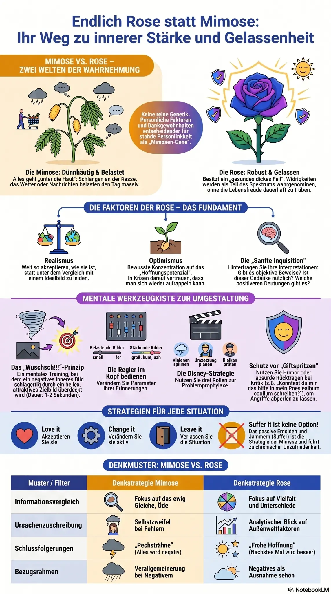 Infografik: Mimose vs. Rose – Wahrnehmungsmuster, mentale Werkzeuge und Denkstrategien für mehr innere Gelassenheit (RSD).